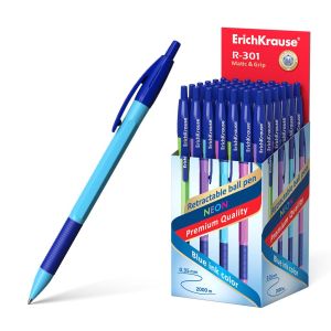 Авторучка ErichKrause® R-301 Neon Matic&Grip 0.7 46769 синяя, пишущий узел 0,7мм, толщина линии письма 0,35мм